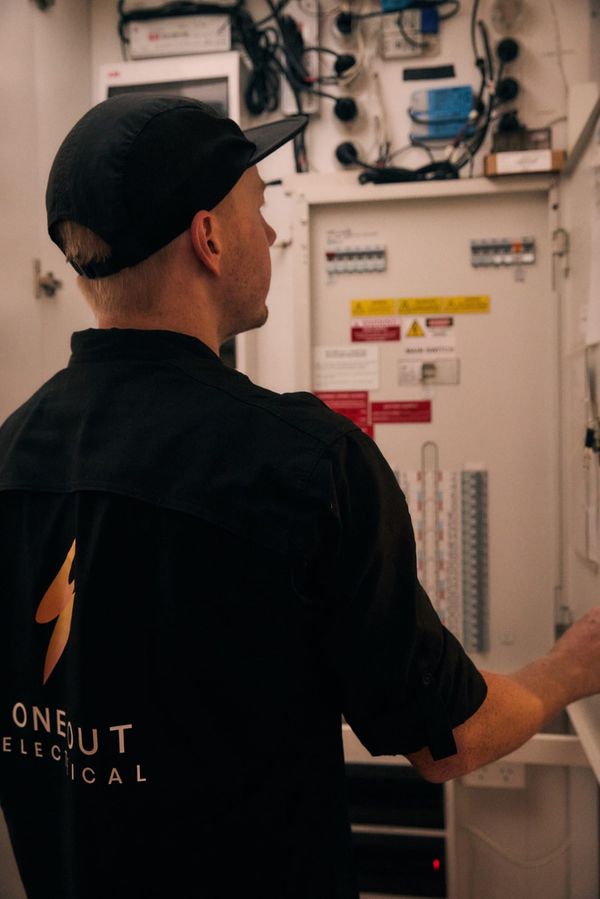 One Out Electrical technician inspecting a commercial switchboard and building control panel