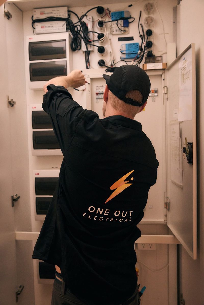 Electrician working inside a complex switchboard housing Dynalite smart home lighting controllers