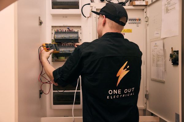 Electrician using a Fluke multimeter to test a Dynalite smart lighting control panel