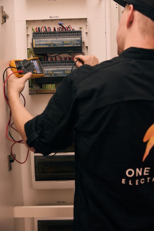 Close-up of One Out Electrical technician testing a Dynalite building management system with a digital multimeter