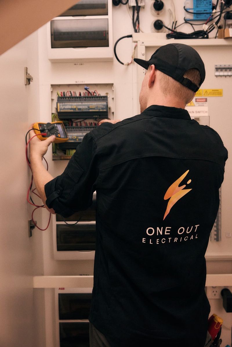One Out Electrical electrician diagnosing and testing a Dynalite smart lighting system with a multimeter