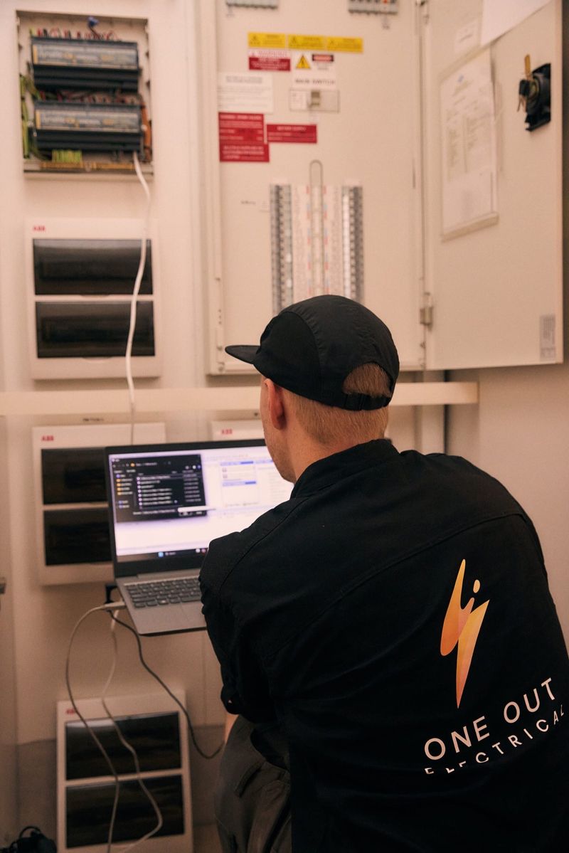 Electrician configuring a Dynalite building management system with specialist programming software