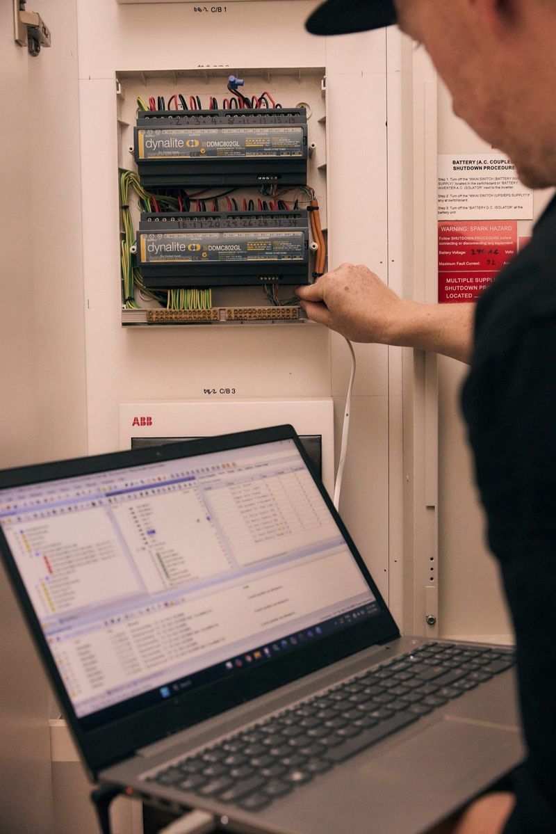 Electrician connecting cables to a Dynalite smart lighting controller while programming via laptop