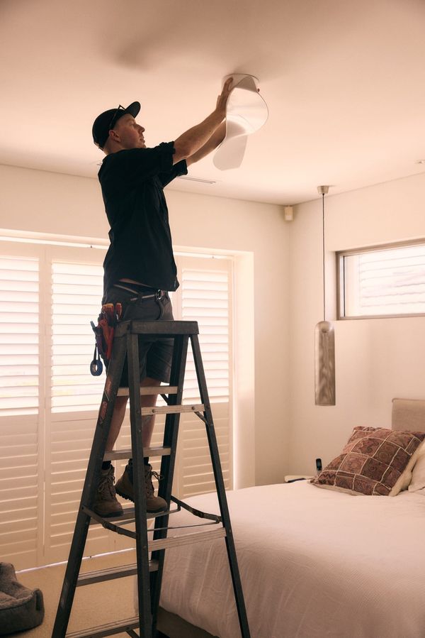 Electrician on a ladder installing a ceiling fan in a residential bedroom in Hobart, Tasmania