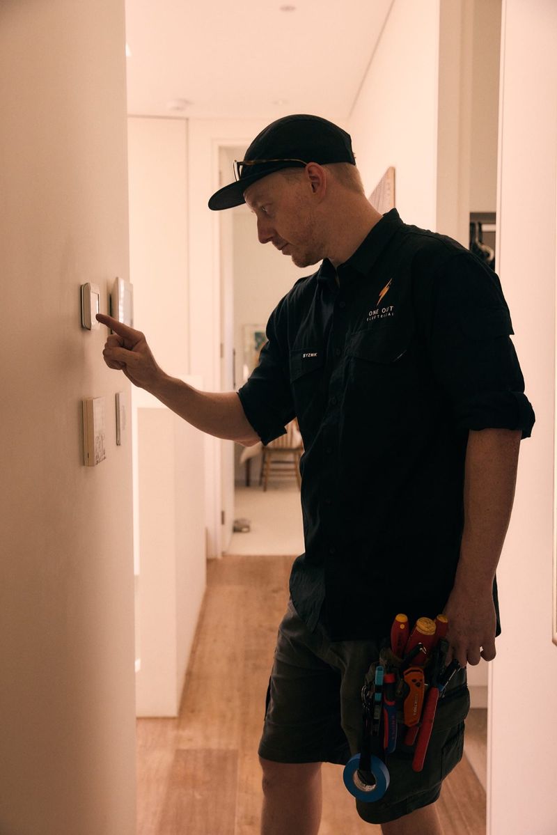 Electrician programming a Dynalite smart lighting keypad during a home automation installation