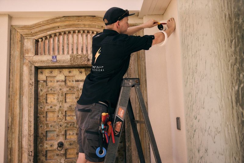 One Out Electrical electrician on a ladder installing a CCTV security camera above a front entrance
